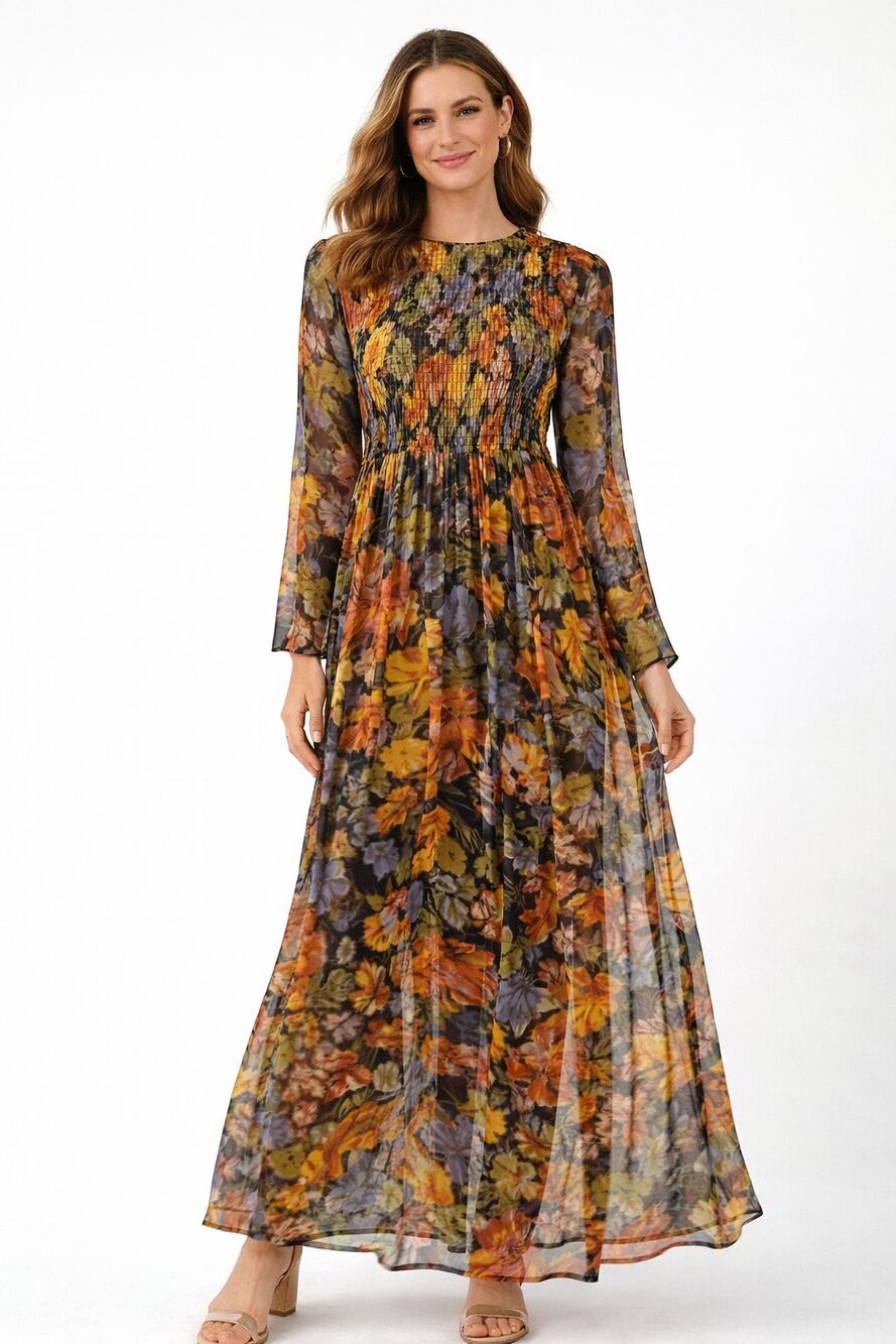 Modcloth Smocked Long Sleeve Femme Petal Leaf Maxi Dress Womens Size Small New